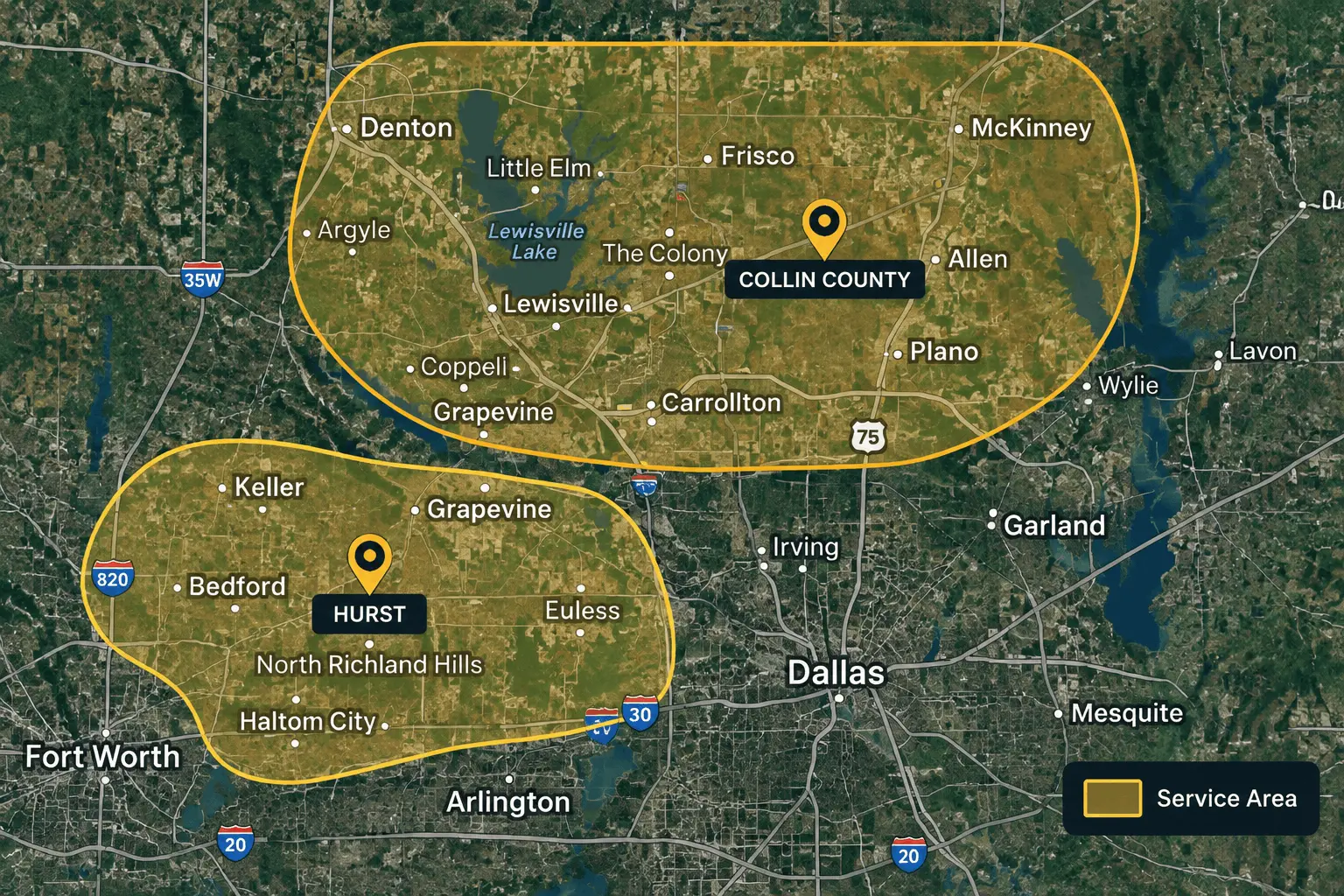 Service area map covering Collin County, Hurst and surrounding areas